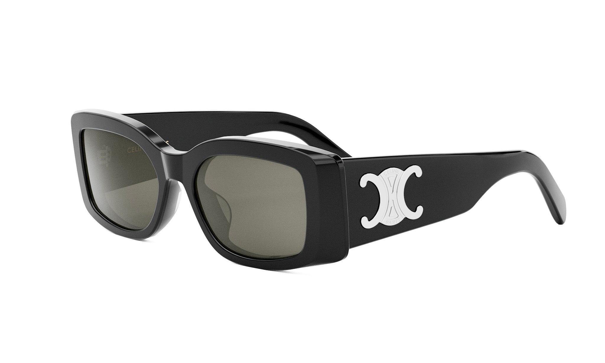A pair of black sunglasses with a white logo on the side.