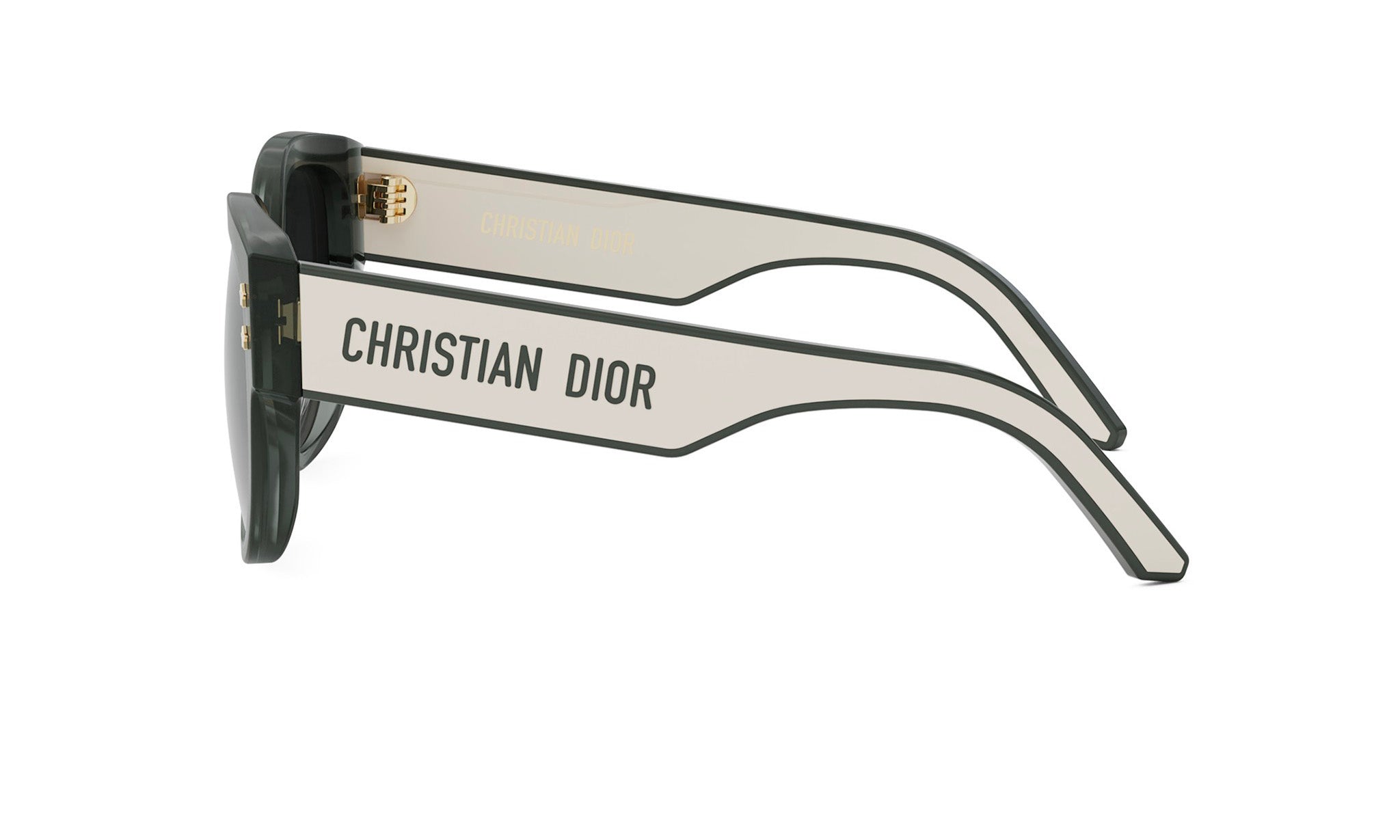 A pair of Christian Dior sunglasses with a black frame and white temples.