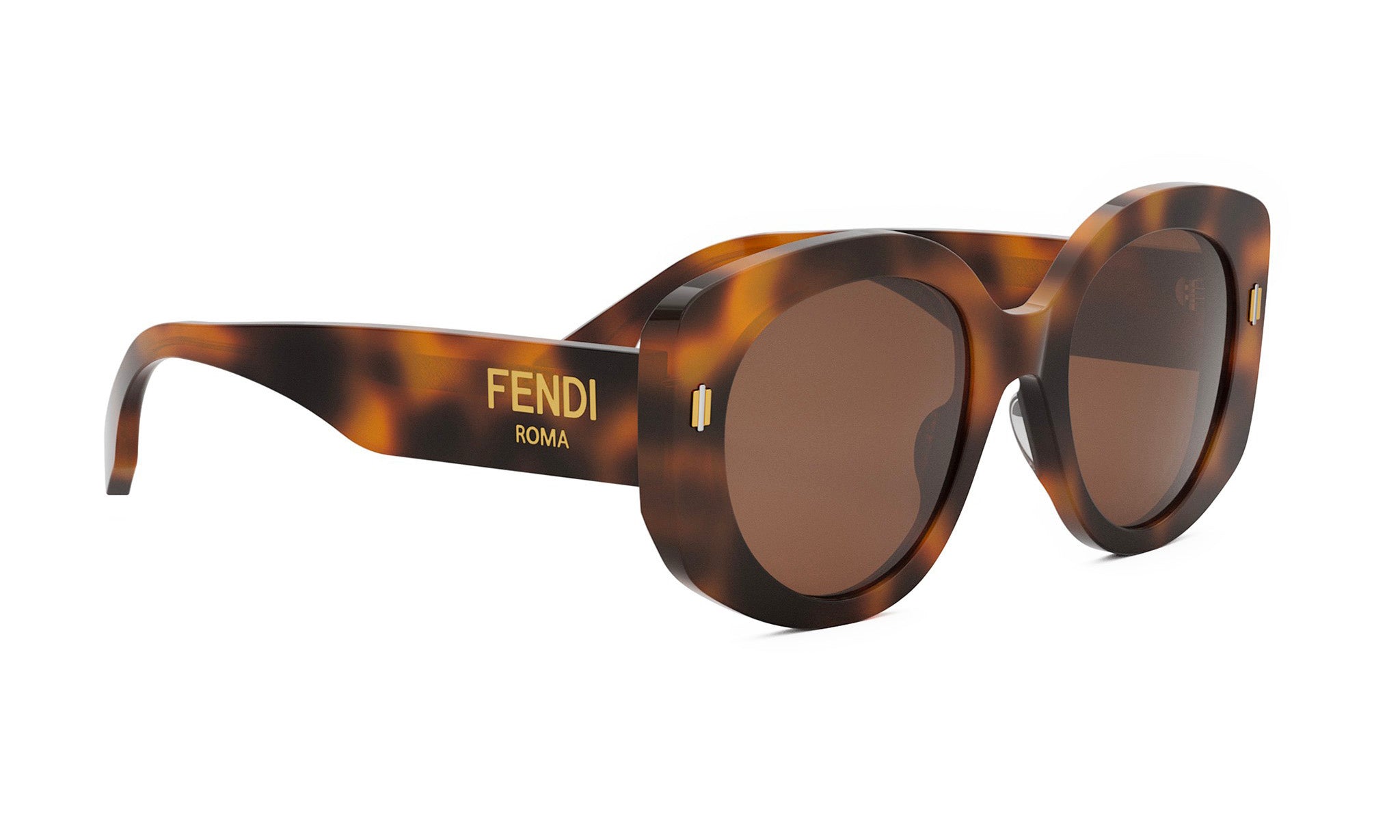 A pair of brown-framed sunglasses with the Fendi logo on the side.