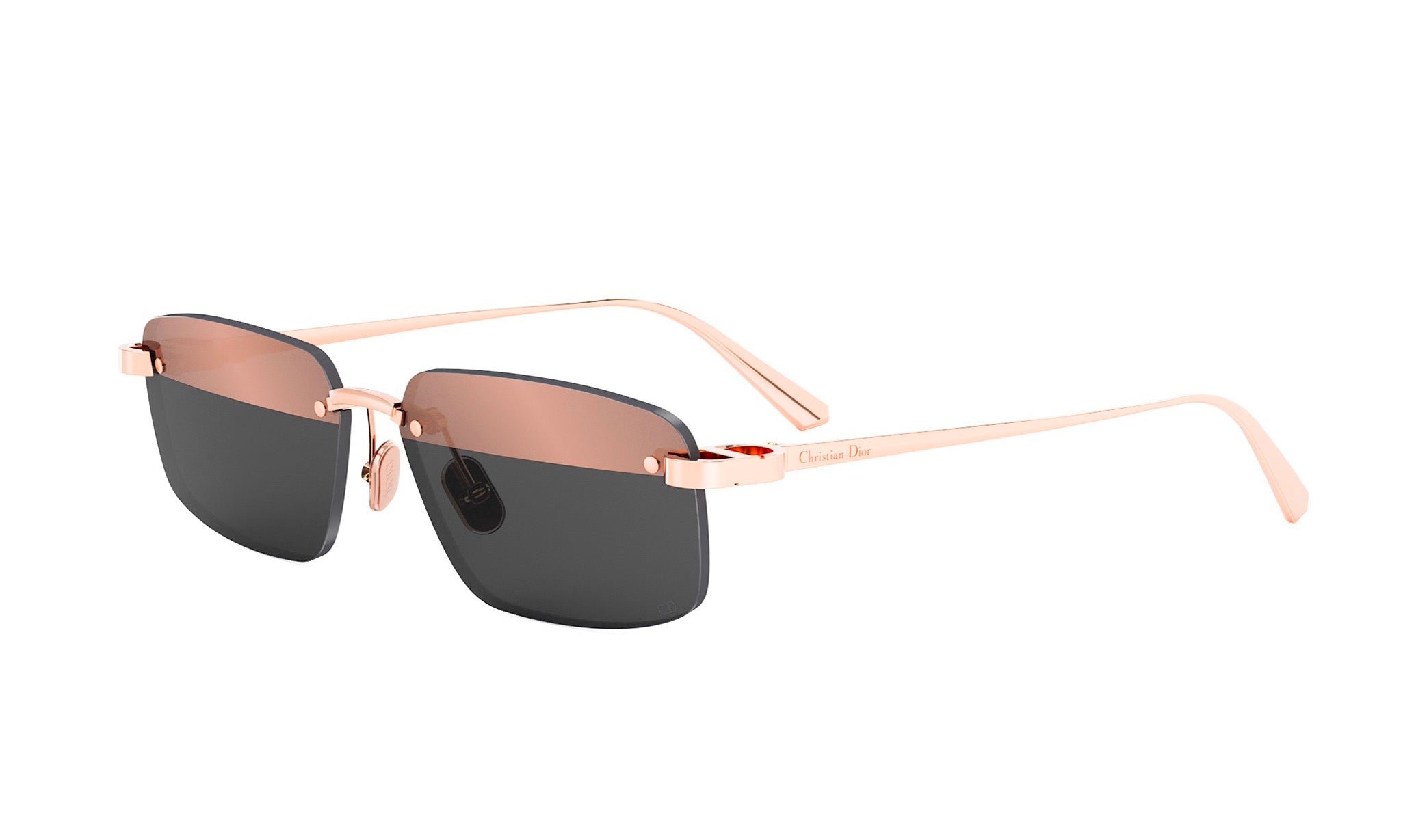 A pair of rose gold-framed sunglasses with dark lenses.