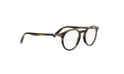 A pair of round-framed glasses with dark-colored temples and arms.