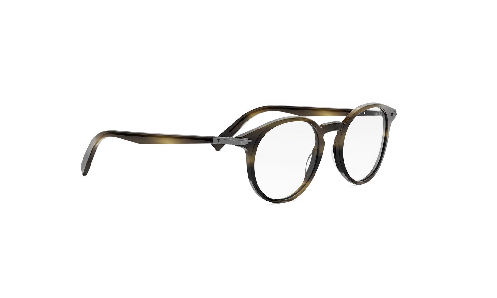 A pair of round-framed glasses with dark-colored temples and arms.