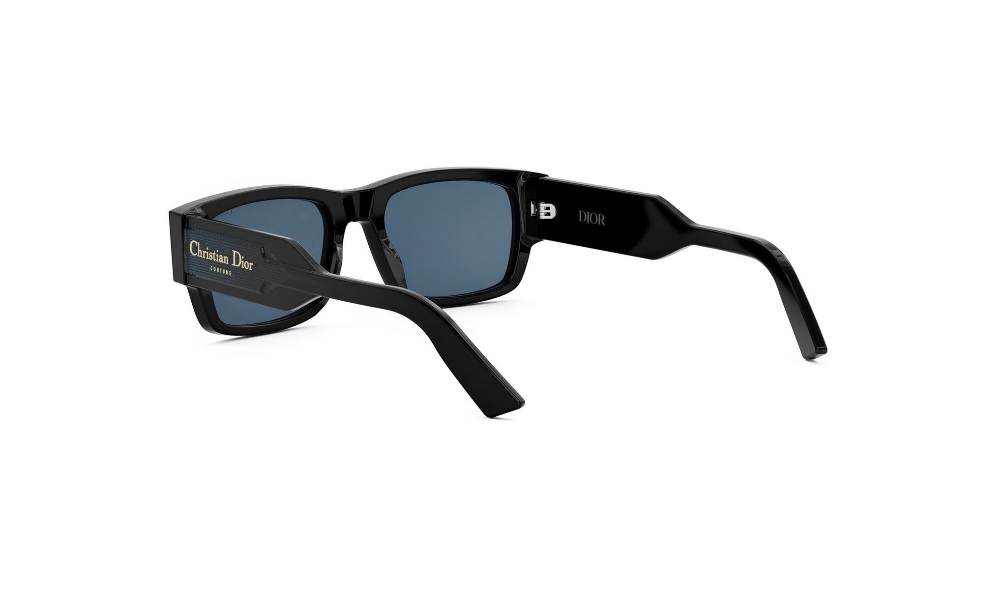 A pair of black sunglasses with the Christian Dior logo visible on the frame.