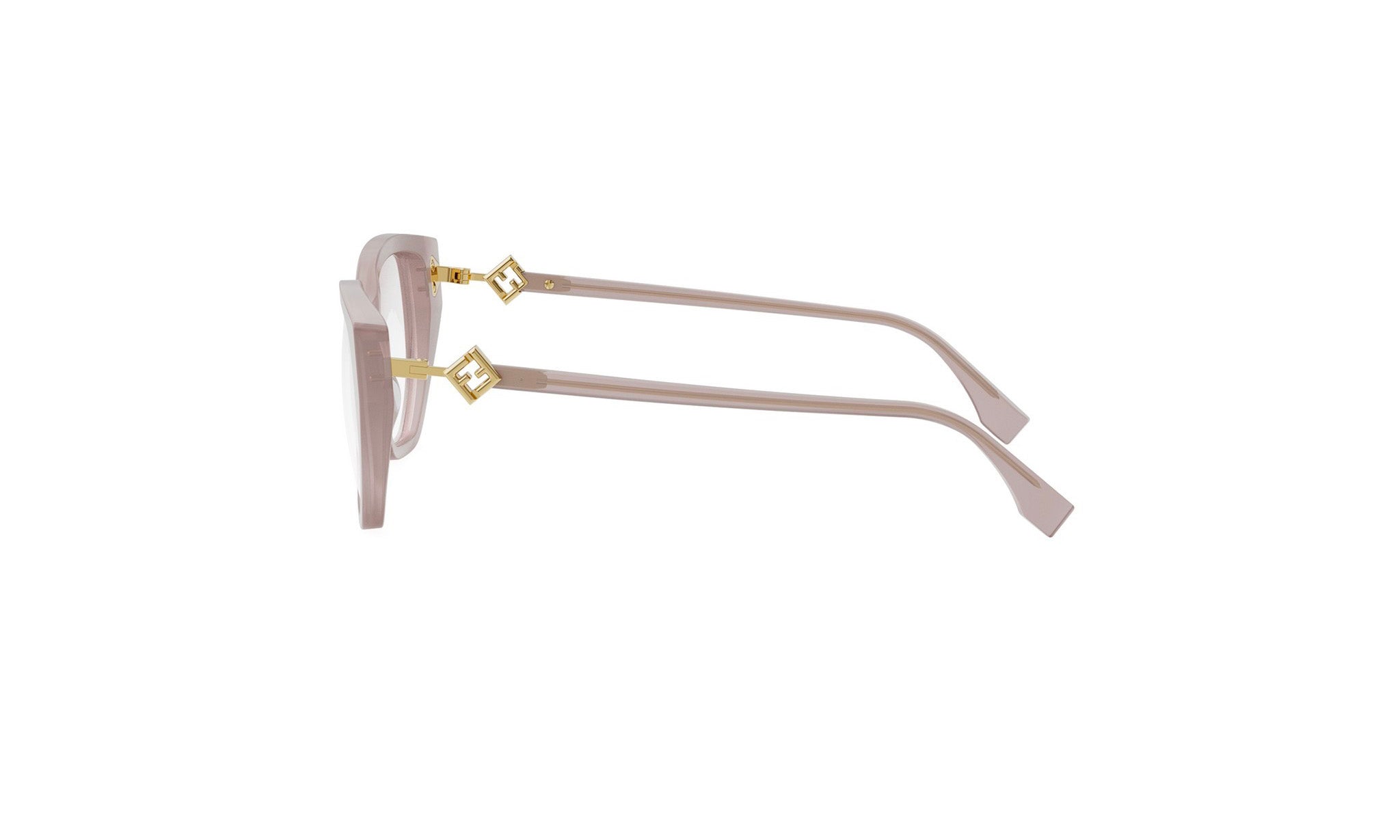 A pair of stylish, beige-framed glasses with gold accents, positioned side by side against a white background.