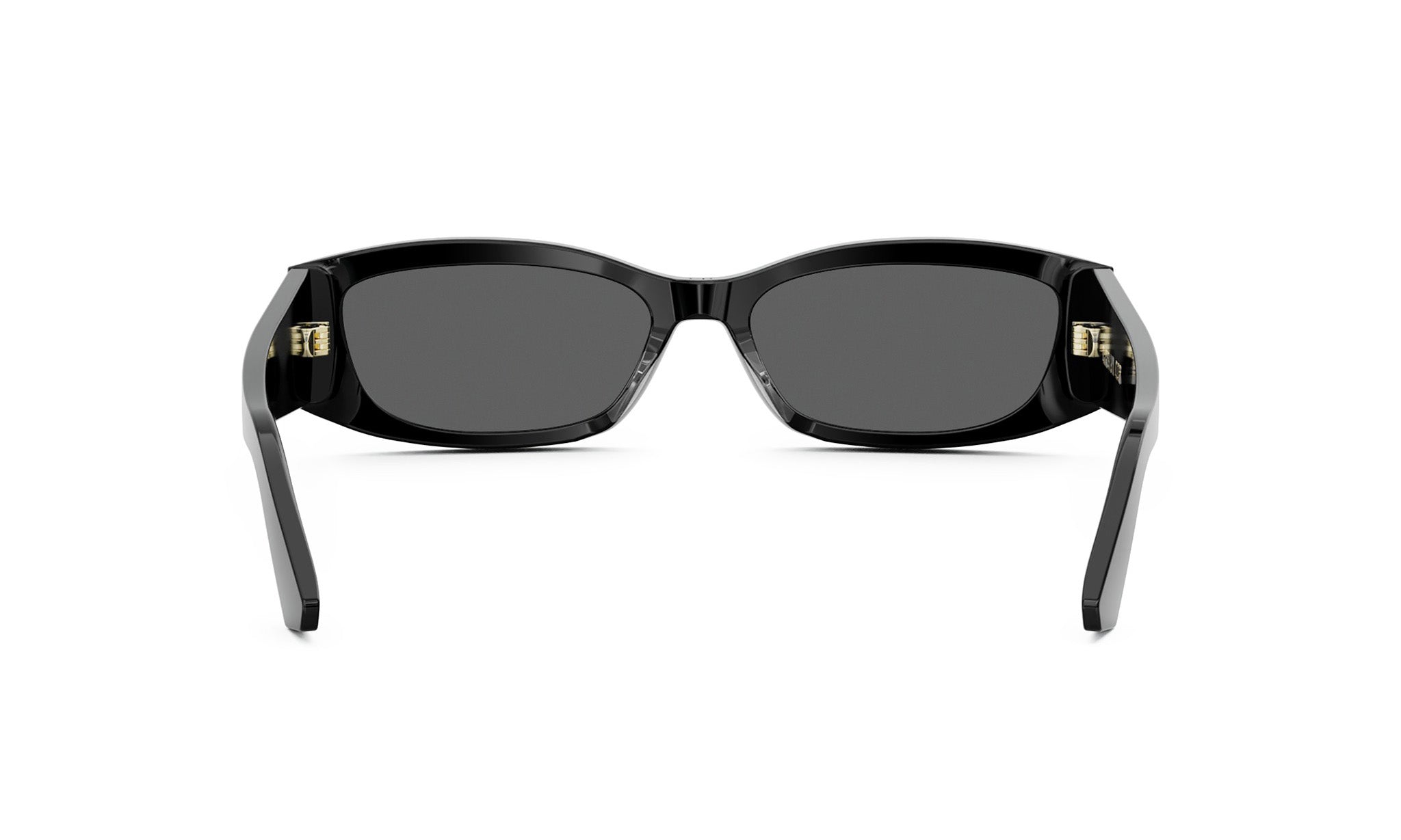 A pair of black sunglasses with dark lenses is shown against a white background.
