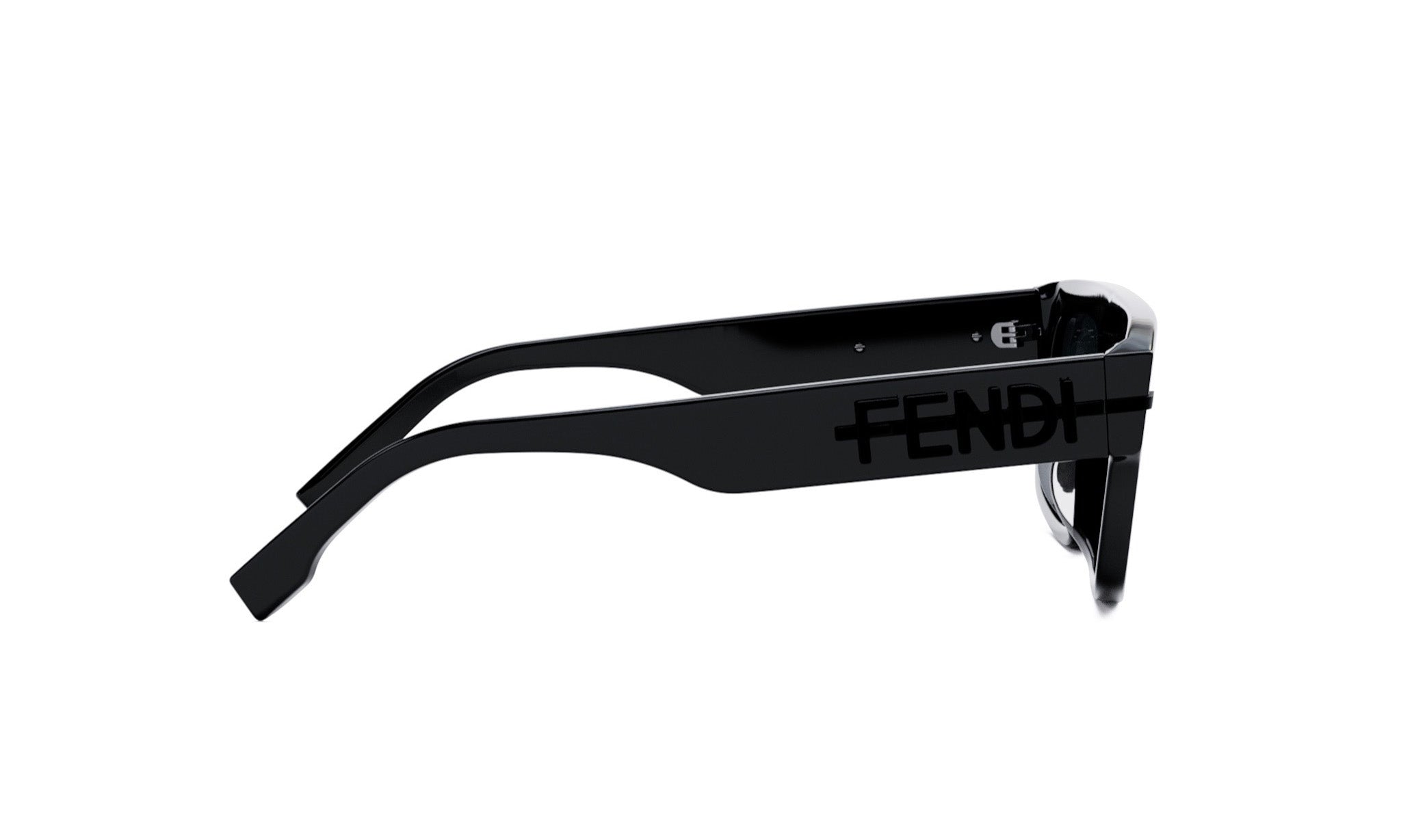 A pair of black Fendi sunglasses with the brand name printed on the frame.