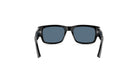 A pair of black smart sunglasses with dark blue lenses is shown against a white background.
