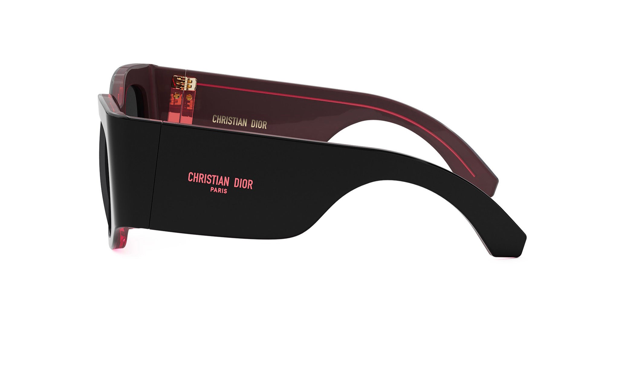 A pair of black sunglasses with red accents, featuring the Christian Dior logo on the frame.