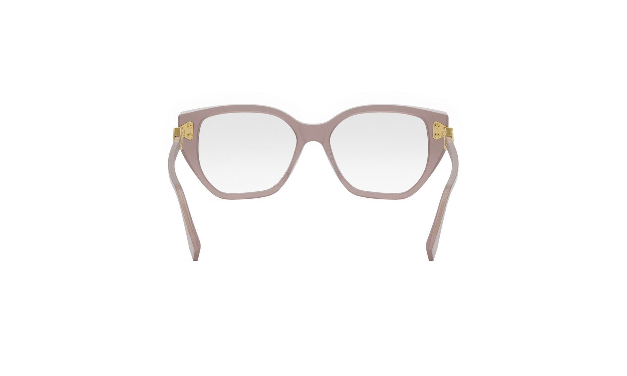 A pair of stylish, beige-colored eyeglasses with gold accents, featuring a sleek and modern design.