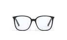 A pair of black-framed glasses with clear lenses, set against a white background.