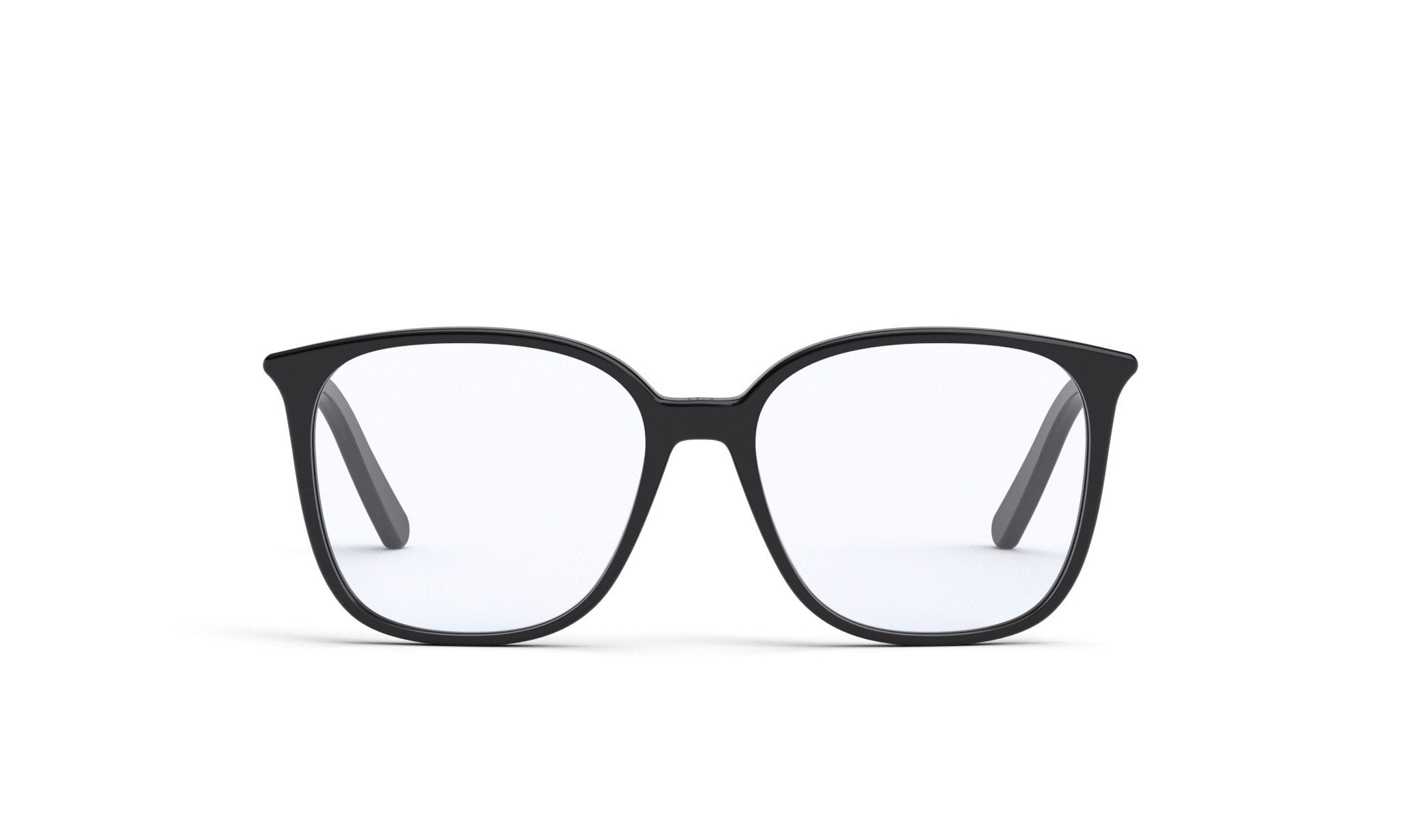 A pair of black-framed glasses with clear lenses, set against a white background.