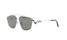 A pair of stylish sunglasses with a silver frame and dark lenses.