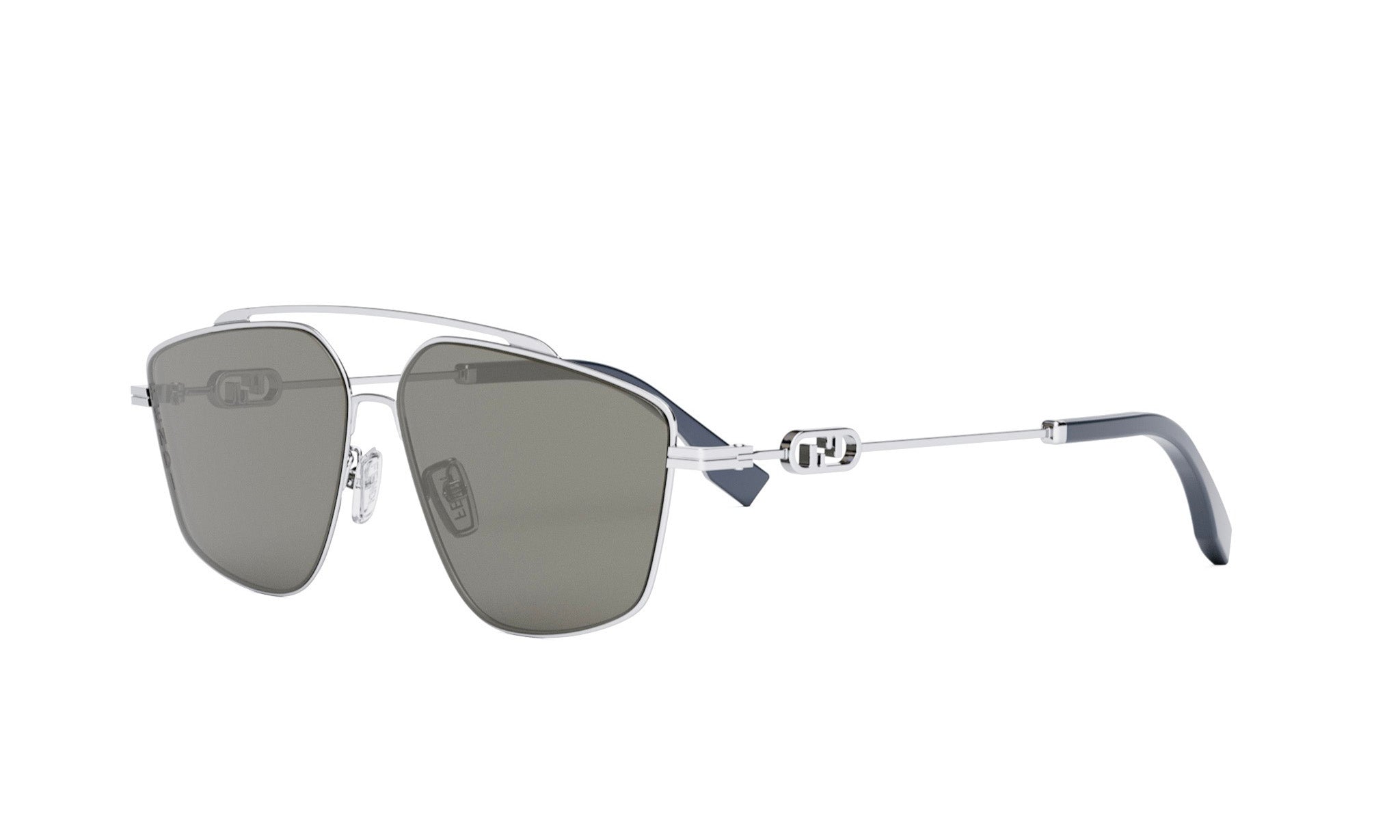 A pair of stylish sunglasses with a silver frame and dark lenses.