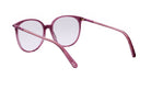 A pair of purple-framed glasses with clear lenses, positioned in a way that allows the viewer to see the back of the glasses.