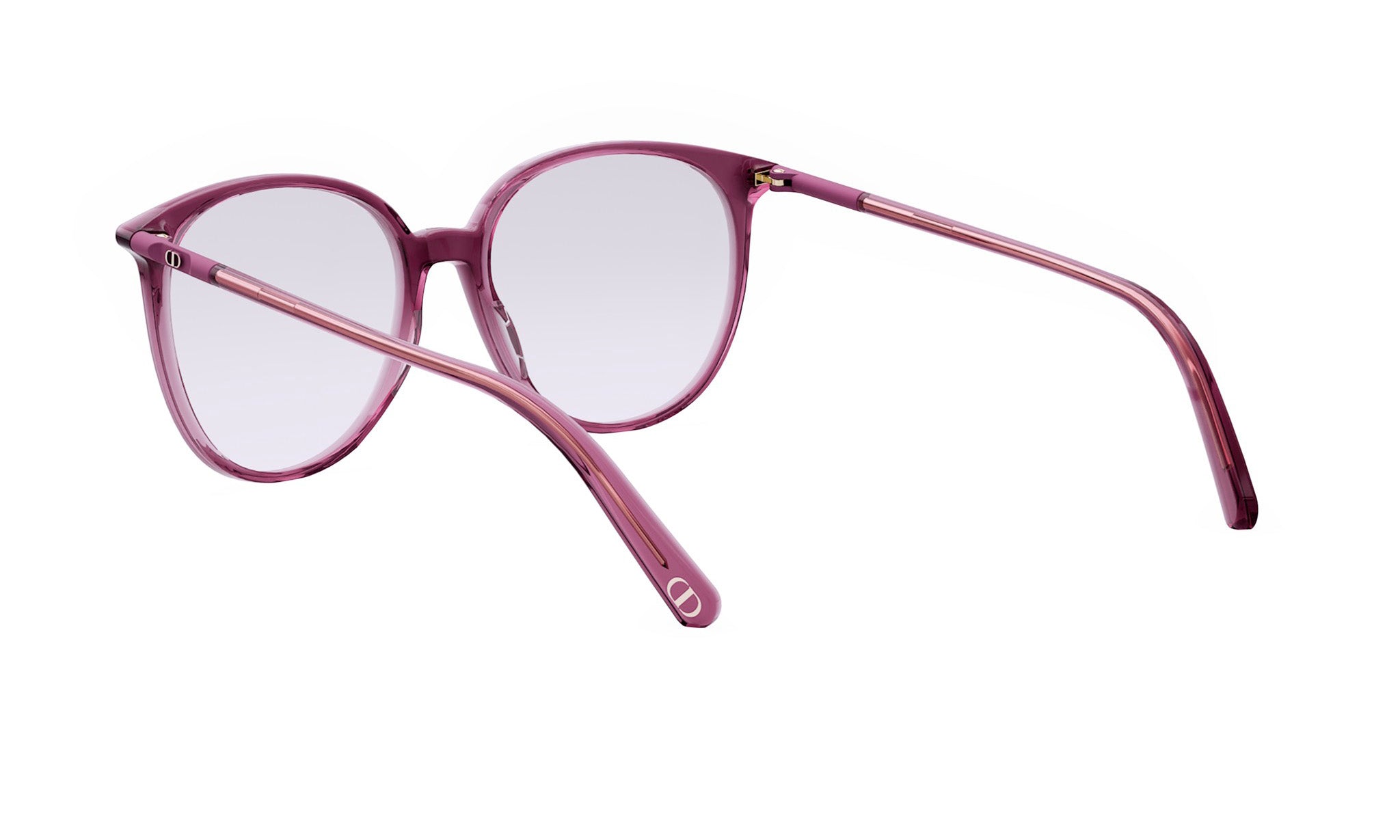 A pair of purple-framed glasses with clear lenses, positioned in a way that allows the viewer to see the back of the glasses.