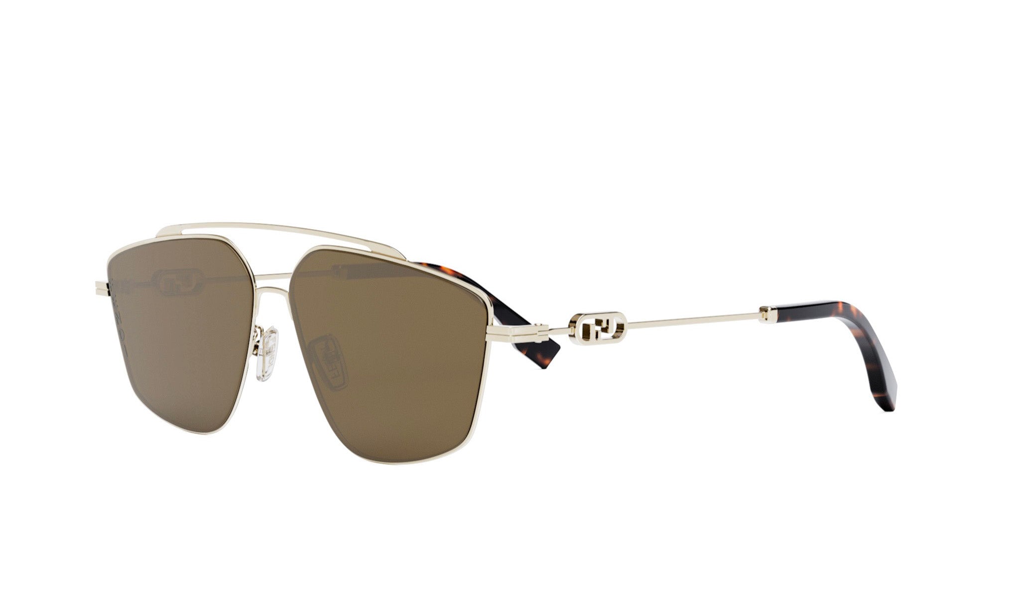 A pair of stylish sunglasses with a dark brown frame and silver accents.