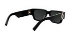 A pair of black sunglasses with a diamond-shaped logo on the frame.