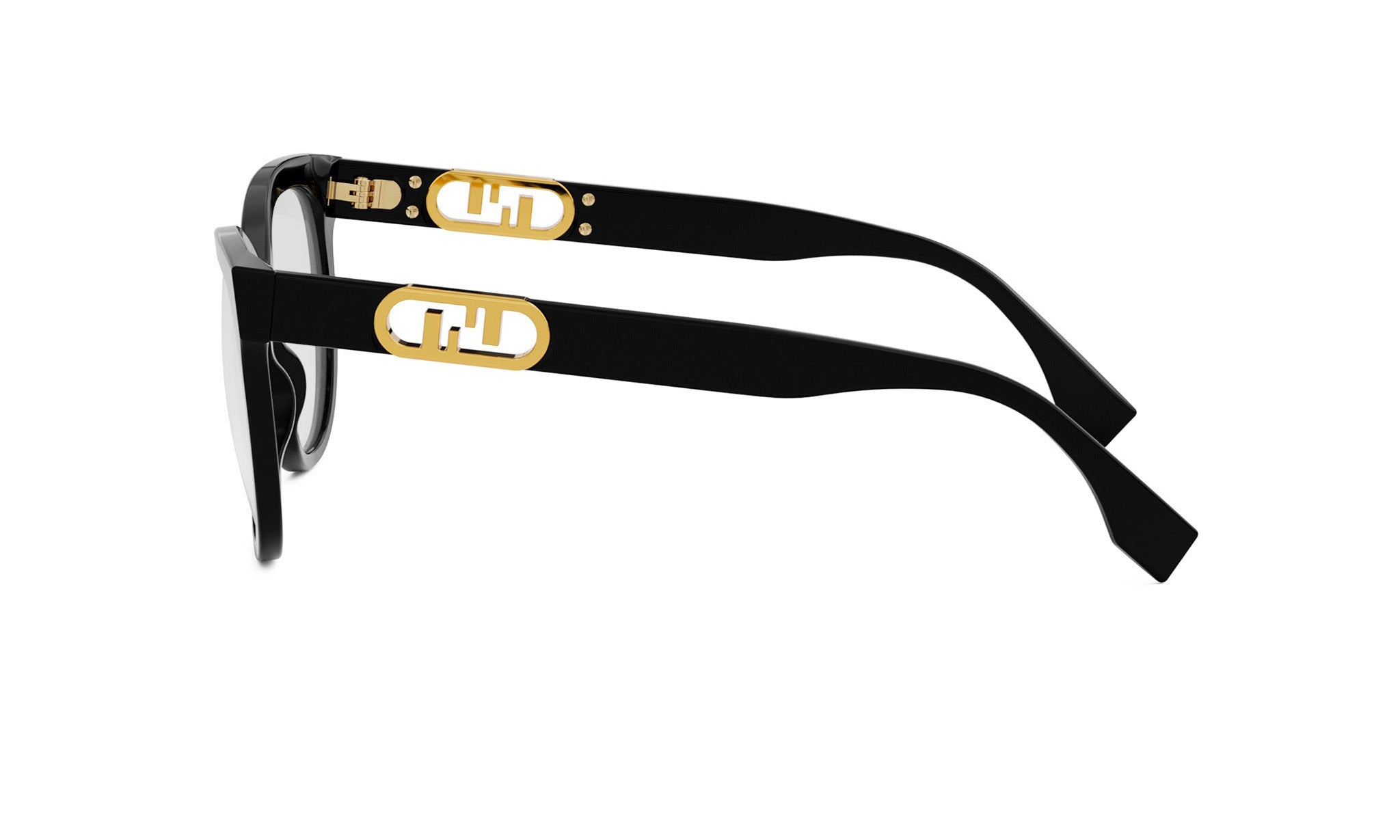 A pair of black-framed sunglasses with gold-colored lettering on the temples.
