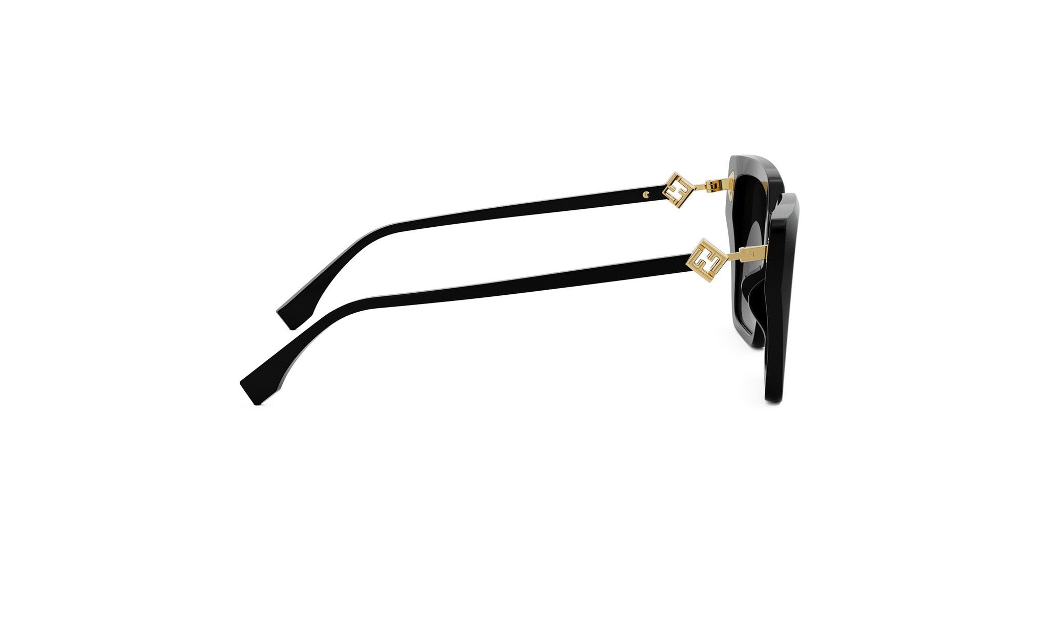 A pair of black sunglasses with gold accents.