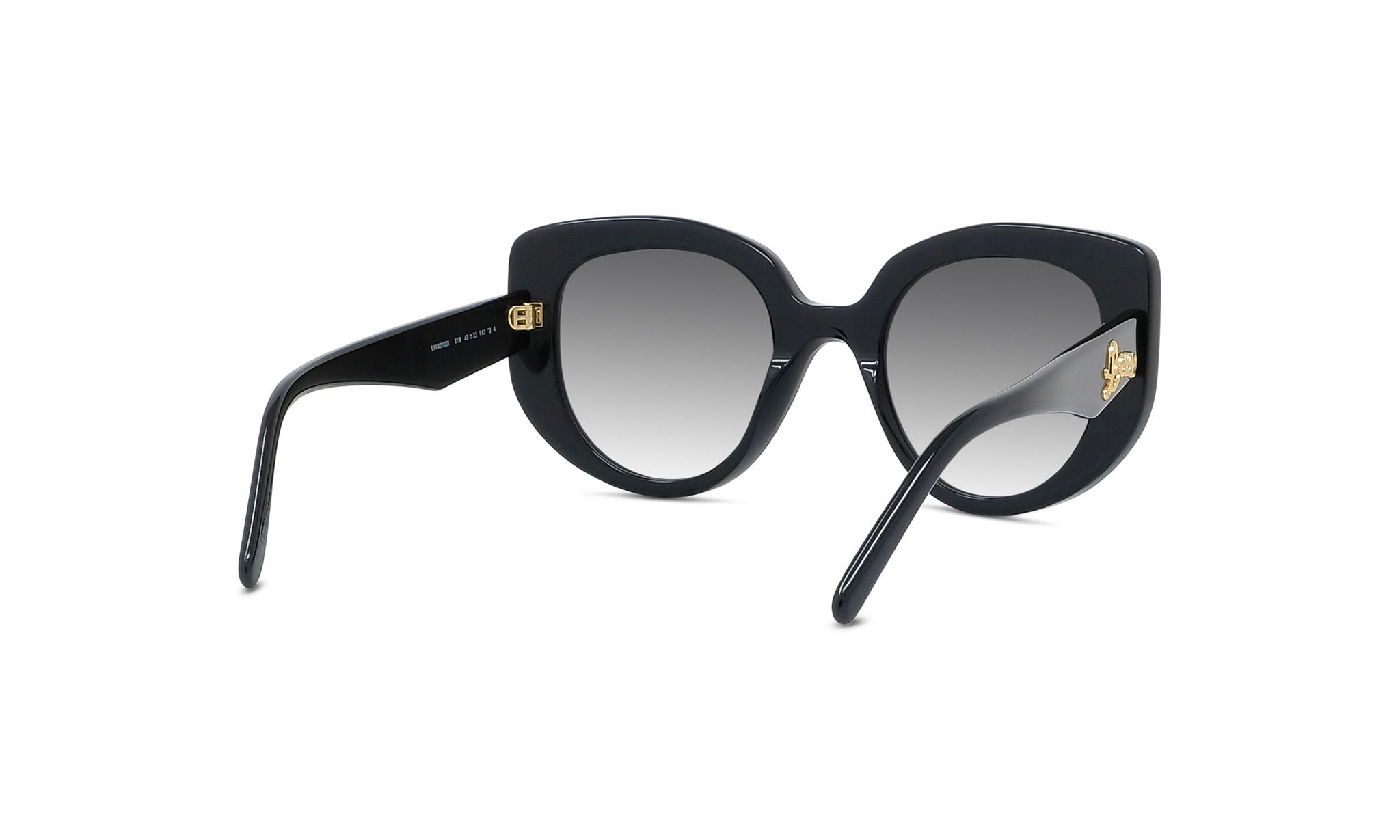 A pair of black sunglasses with a gold-colored frame.