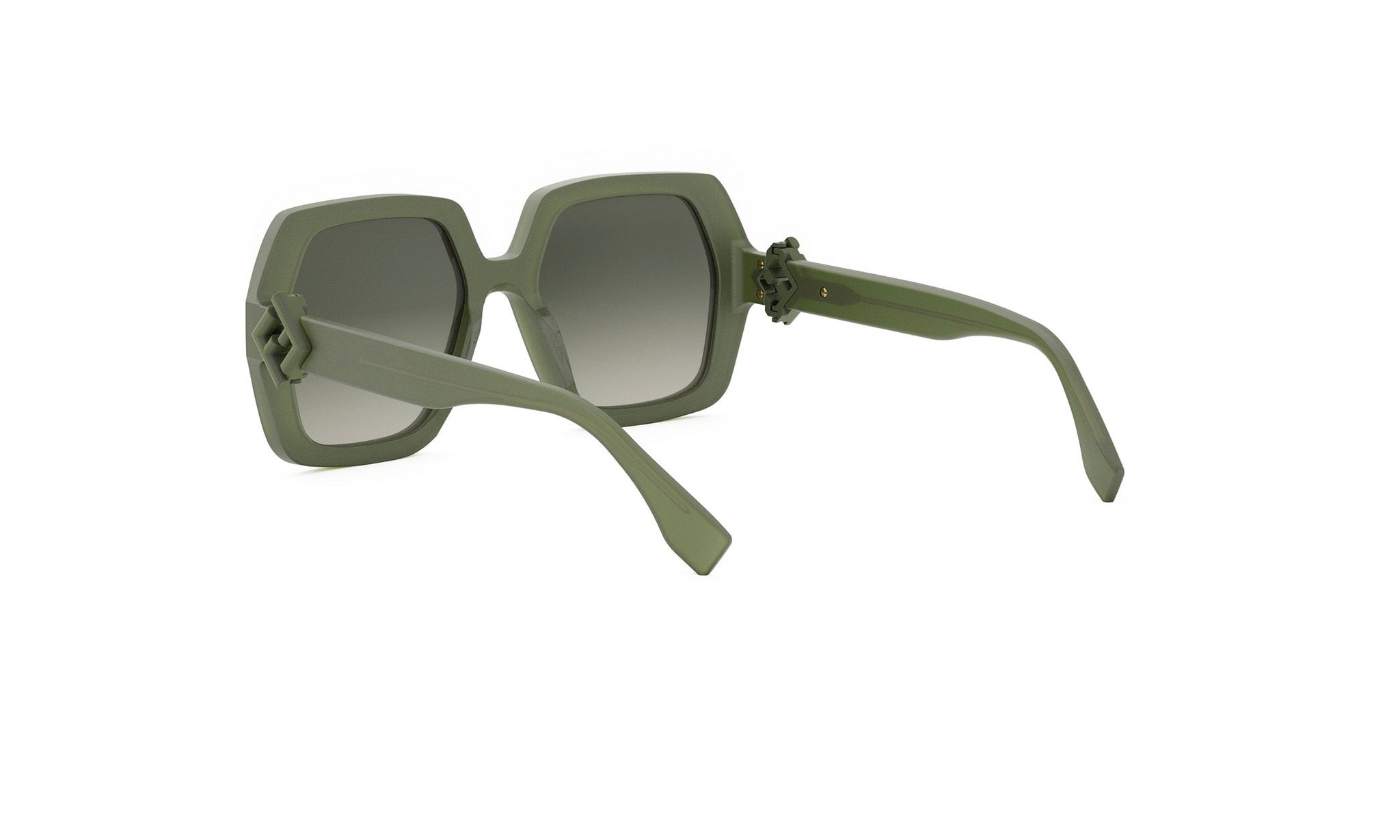 A pair of green-framed sunglasses with a square frame and dark lenses.