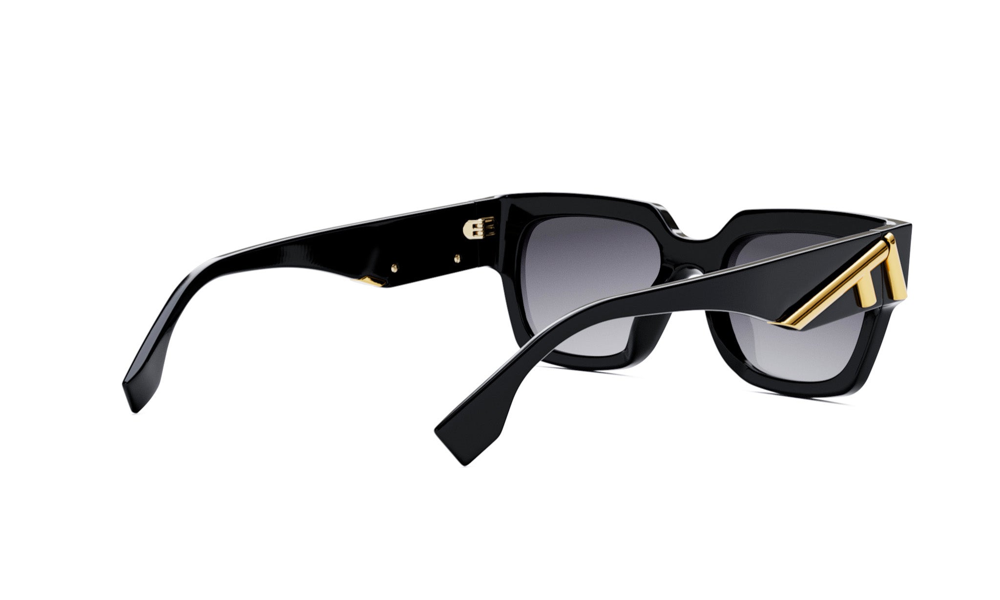 A pair of black sunglasses with gold accents, featuring a sleek and modern design.