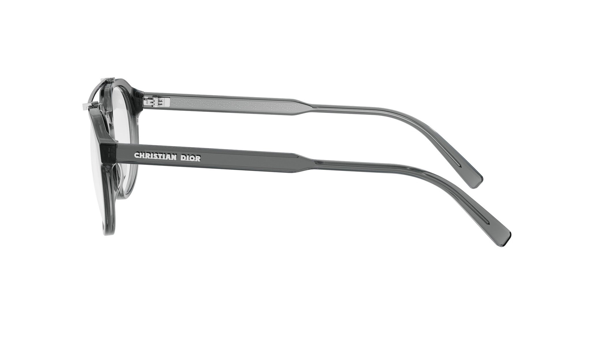 A pair of black-framed glasses with the brand name "Christian Dior" printed on the side.