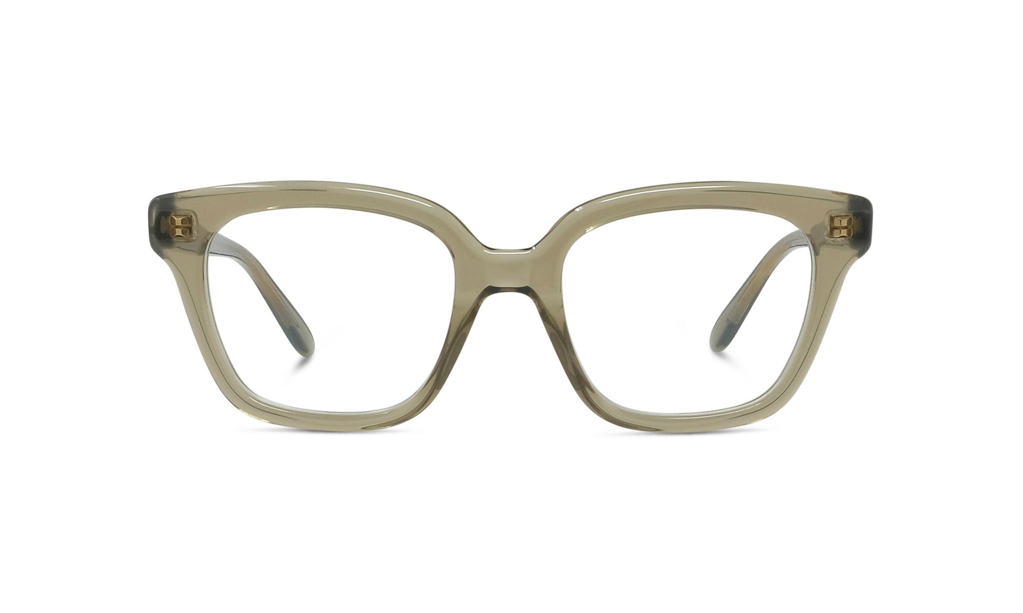 A pair of gray-framed glasses with clear lenses, set against a white background.