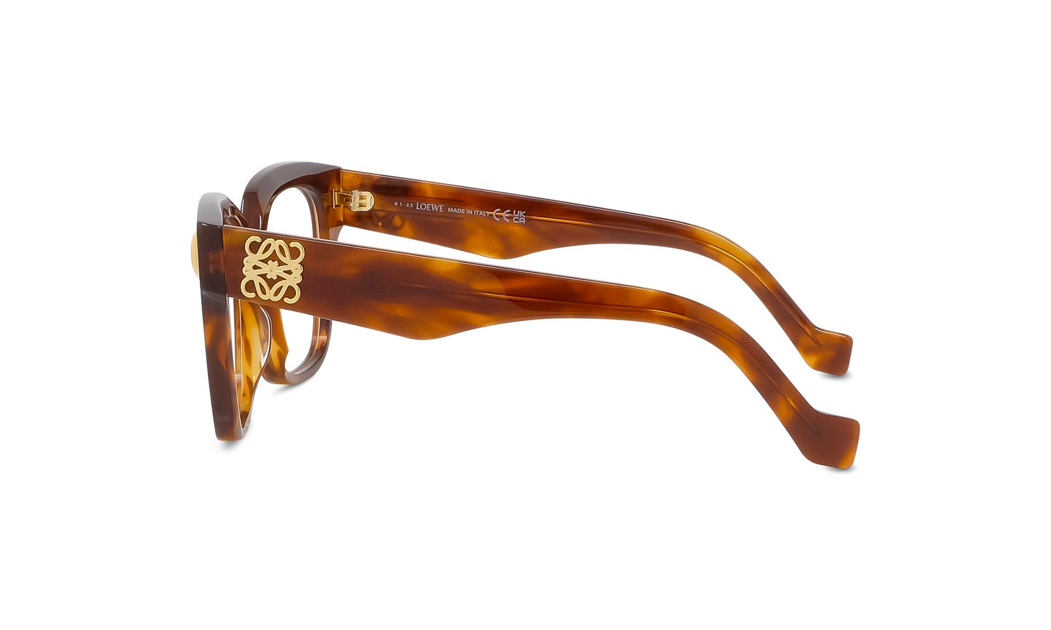 A pair of brown-framed glasses with a gold-colored logo on the temples.