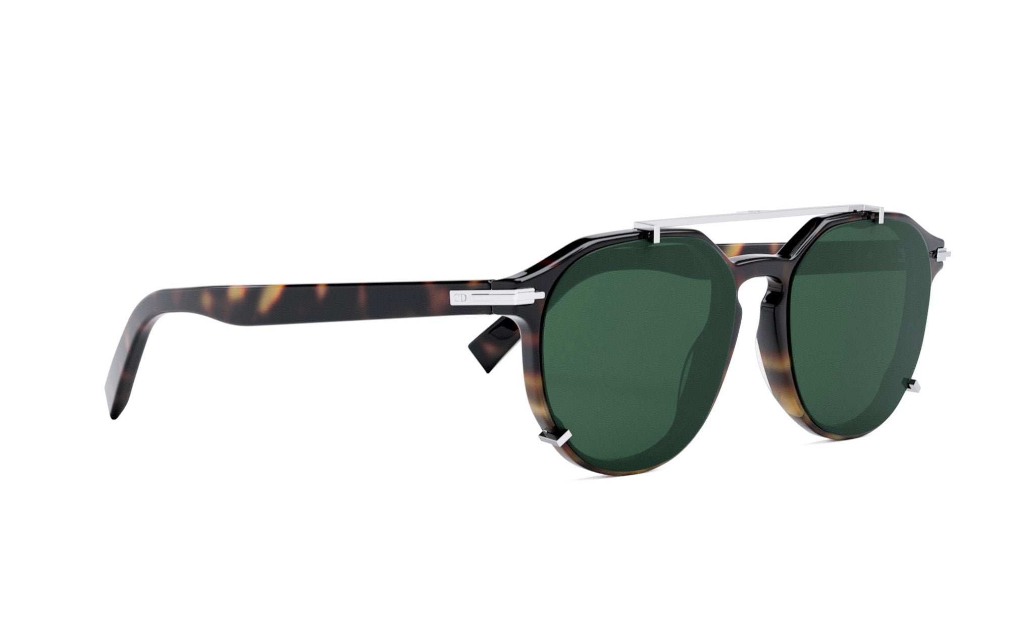 A pair of sunglasses with dark green lenses and a dark brown frame.