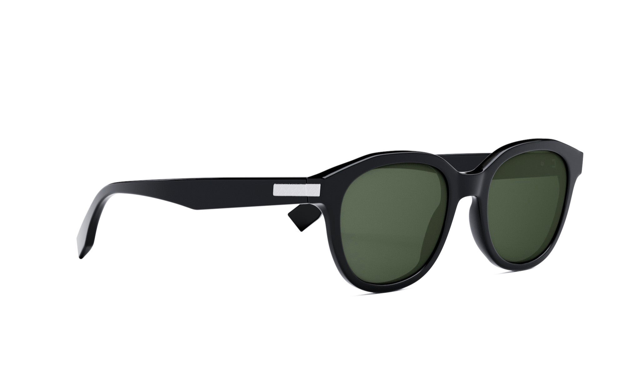 A pair of black sunglasses with green lenses is shown against a white background.