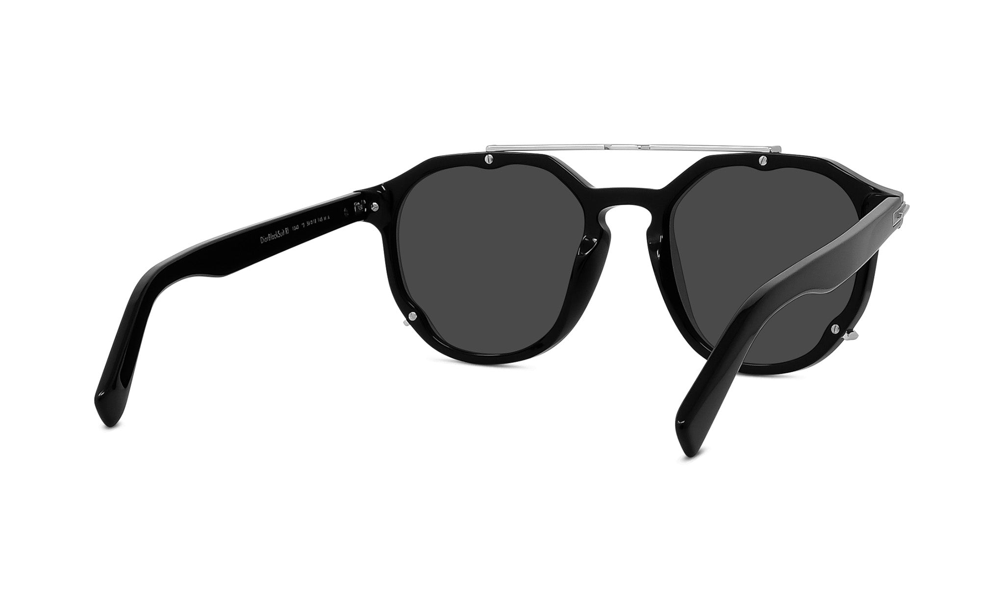 A pair of black sunglasses with a silver frame.