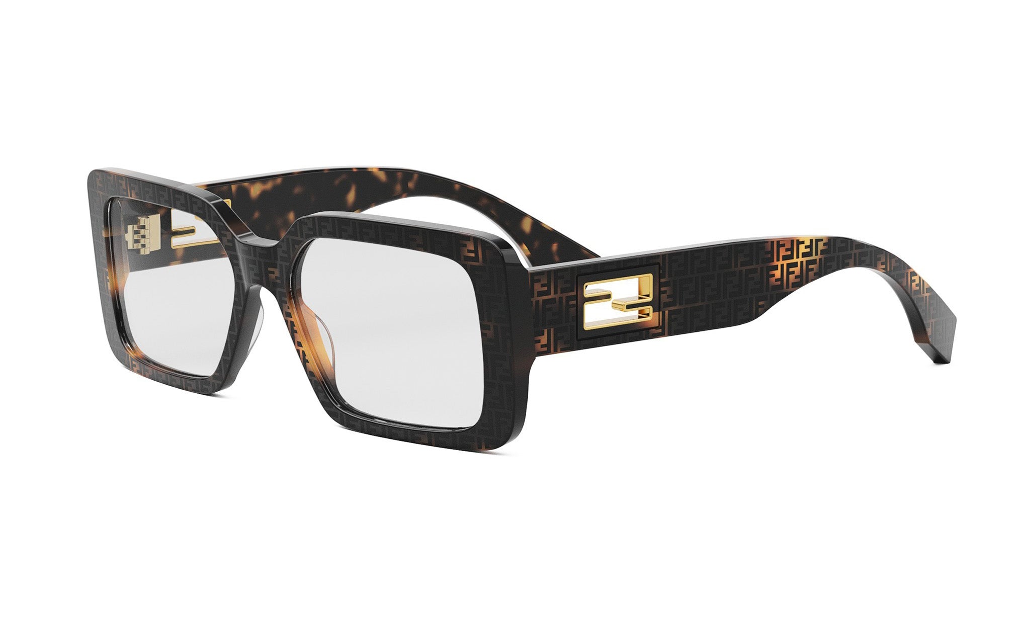 A pair of stylish, square-framed sunglasses with a distinctive Fendi logo on the temples.