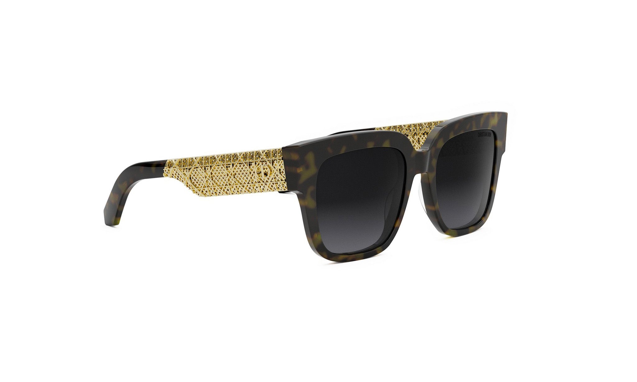 A pair of stylish sunglasses with a gold-colored frame and dark lenses.