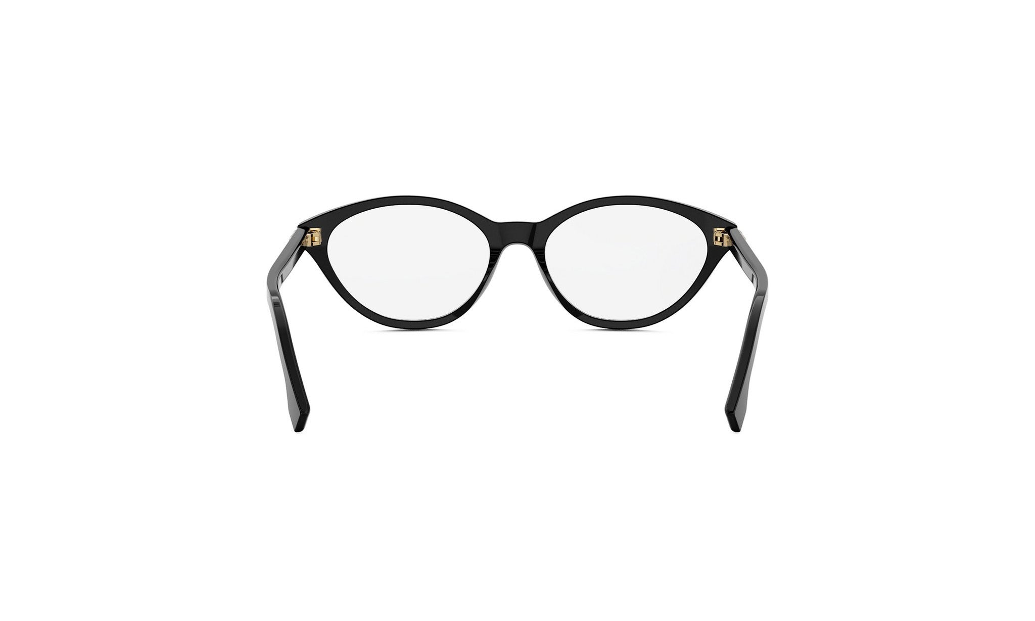 A pair of black cat-eye framed glasses with gold accents.
