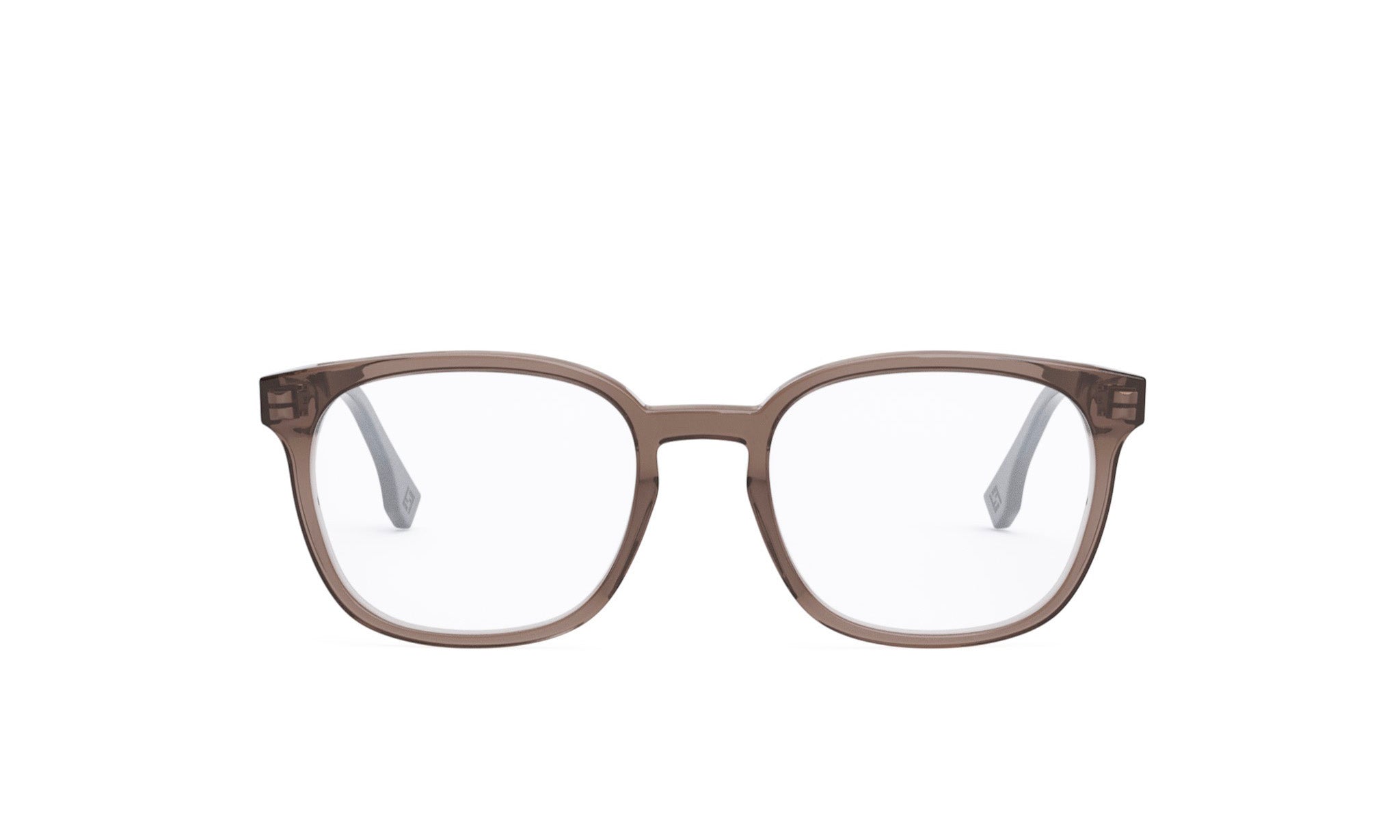 A pair of brown-framed glasses with clear lenses, set against a white background.