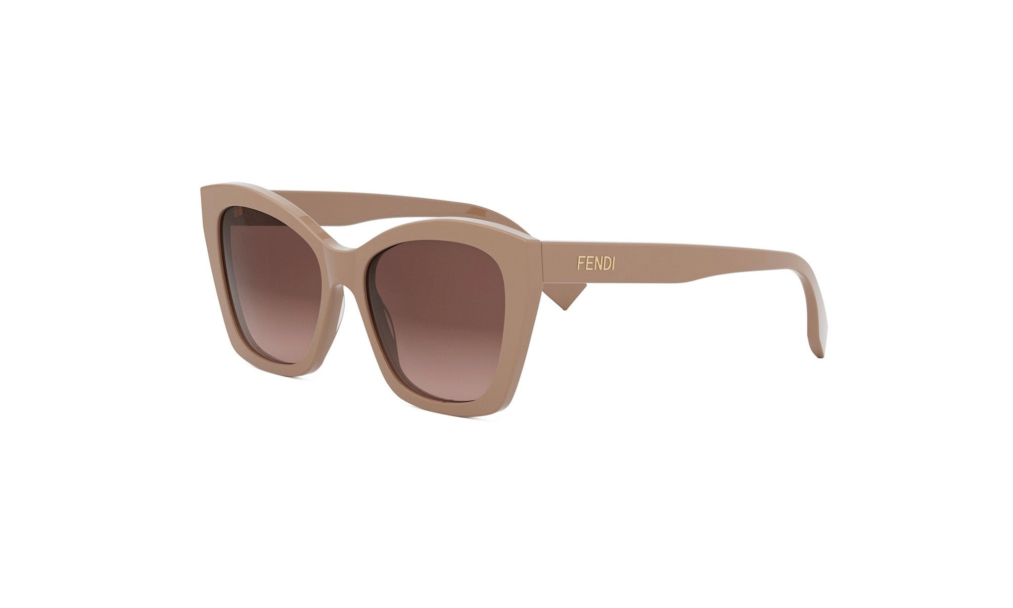 A pair of tan-colored sunglasses with the Fendi logo on the frame.