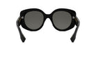 A pair of black sunglasses with dark lenses.