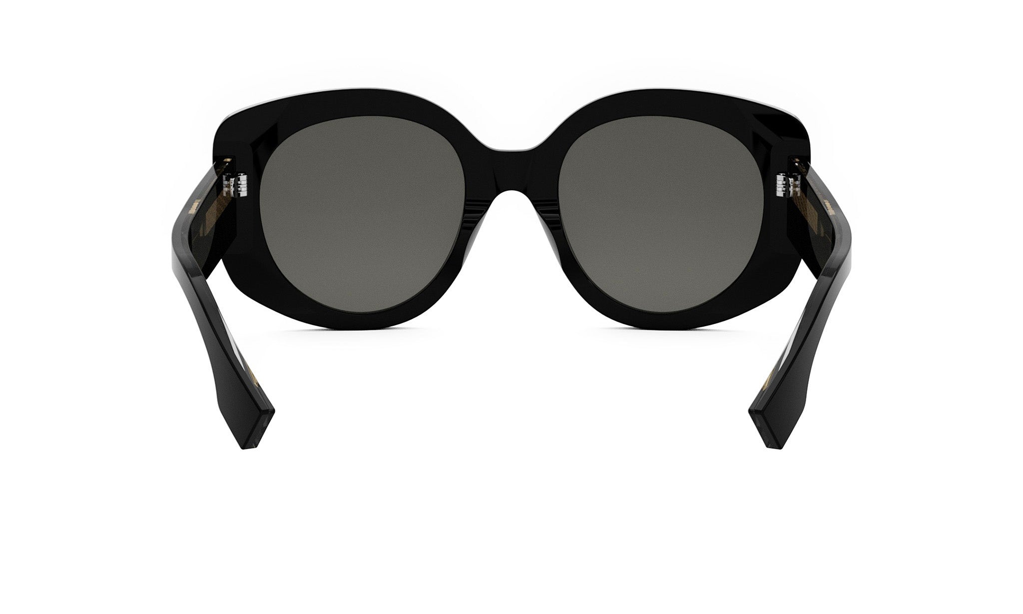 A pair of black sunglasses with dark lenses.
