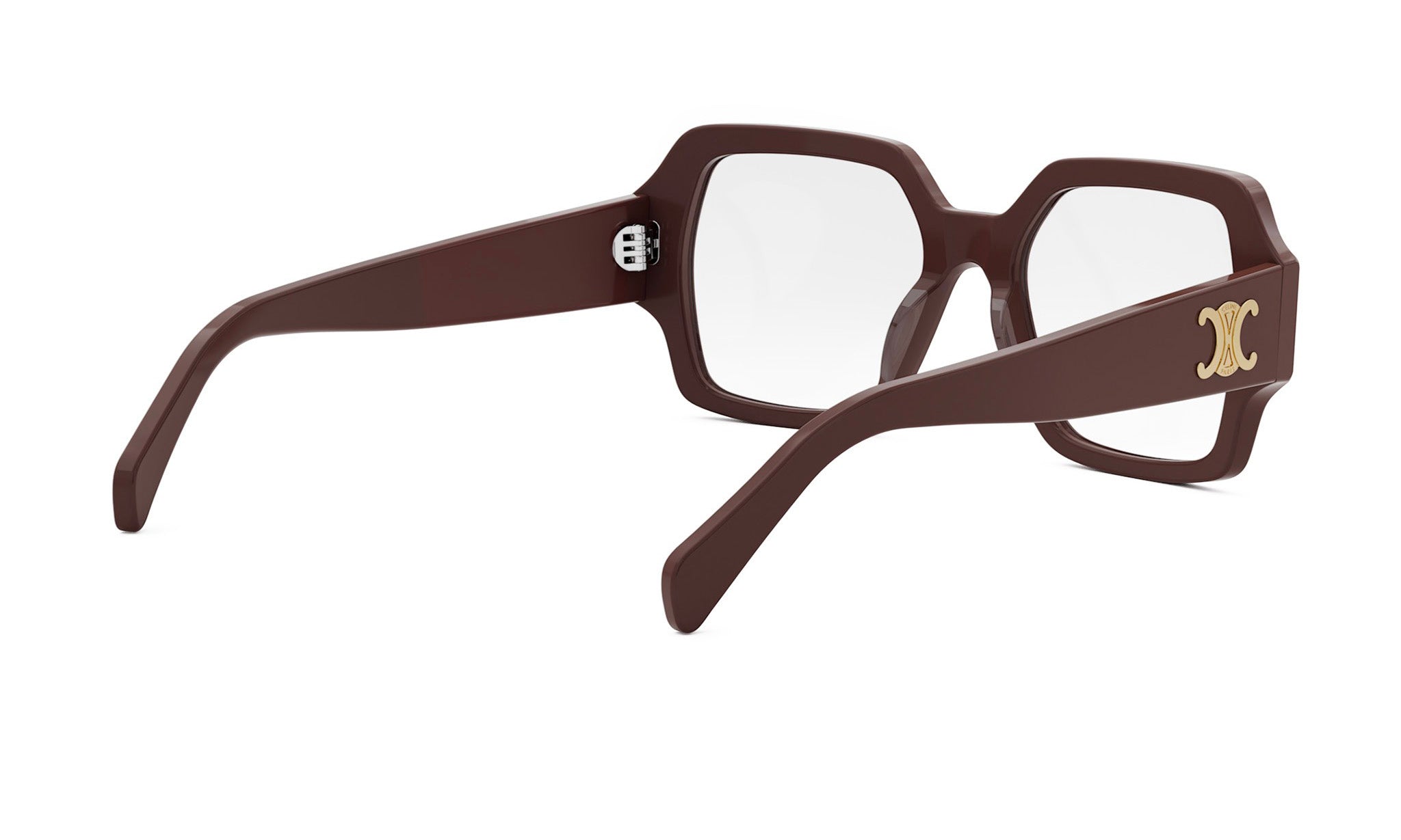 A pair of brown-framed glasses with a gold logo on the temple.