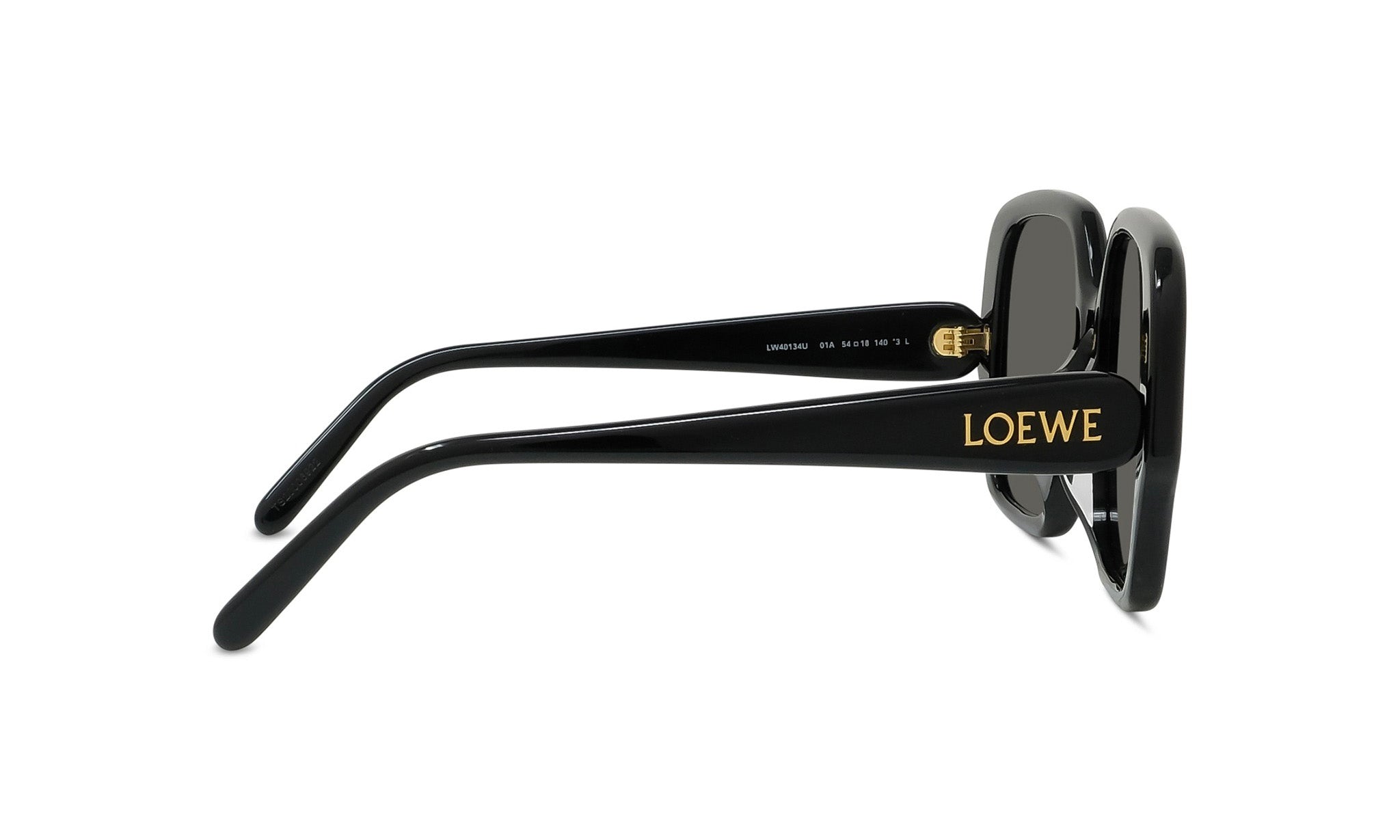 A pair of black sunglasses with gold text on the frame.