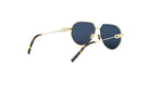 A pair of gold-framed sunglasses with dark blue lenses.