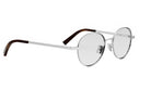 A pair of round, silver-framed glasses with brown accents.