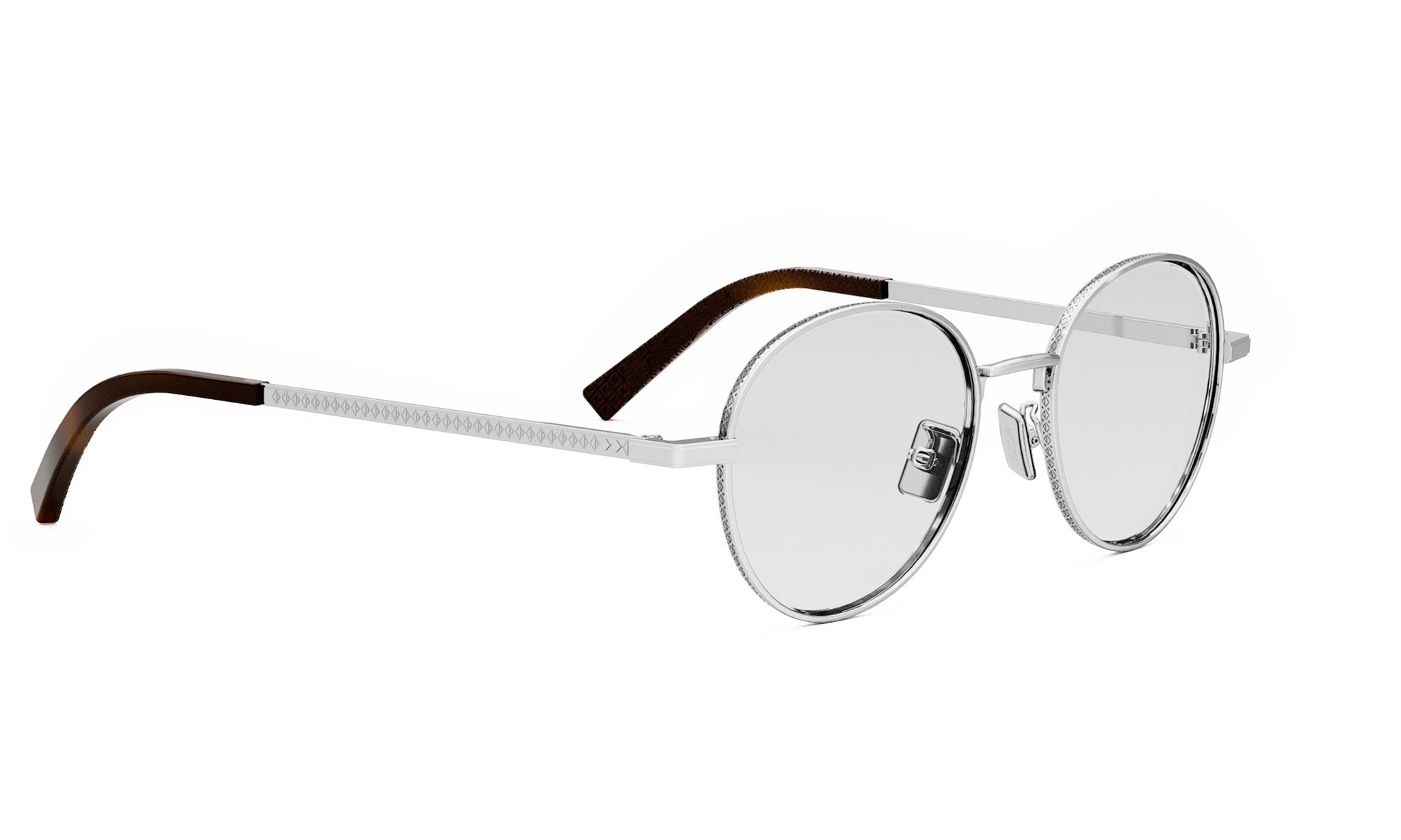 A pair of round, silver-framed glasses with brown accents.