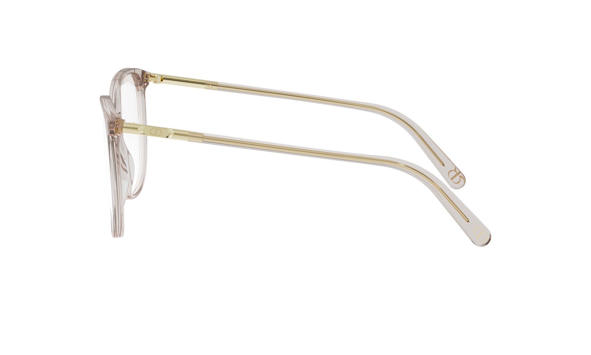 A pair of clear eyeglasses with gold-colored metal arms.