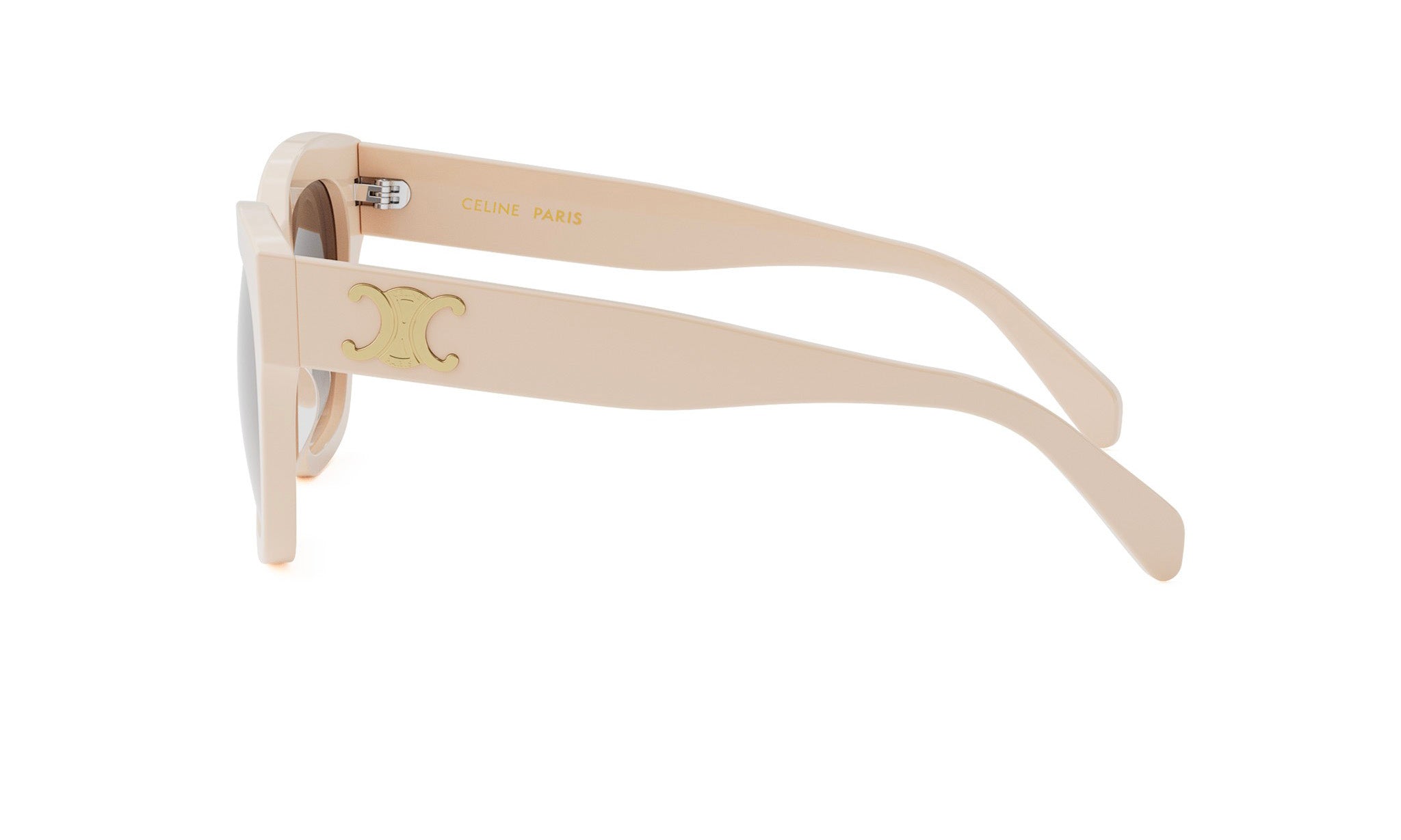 A pair of beige sunglasses with a gold Celine Paris logo on the frame.