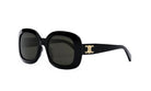 A pair of black sunglasses with a gold C logo on the frame.