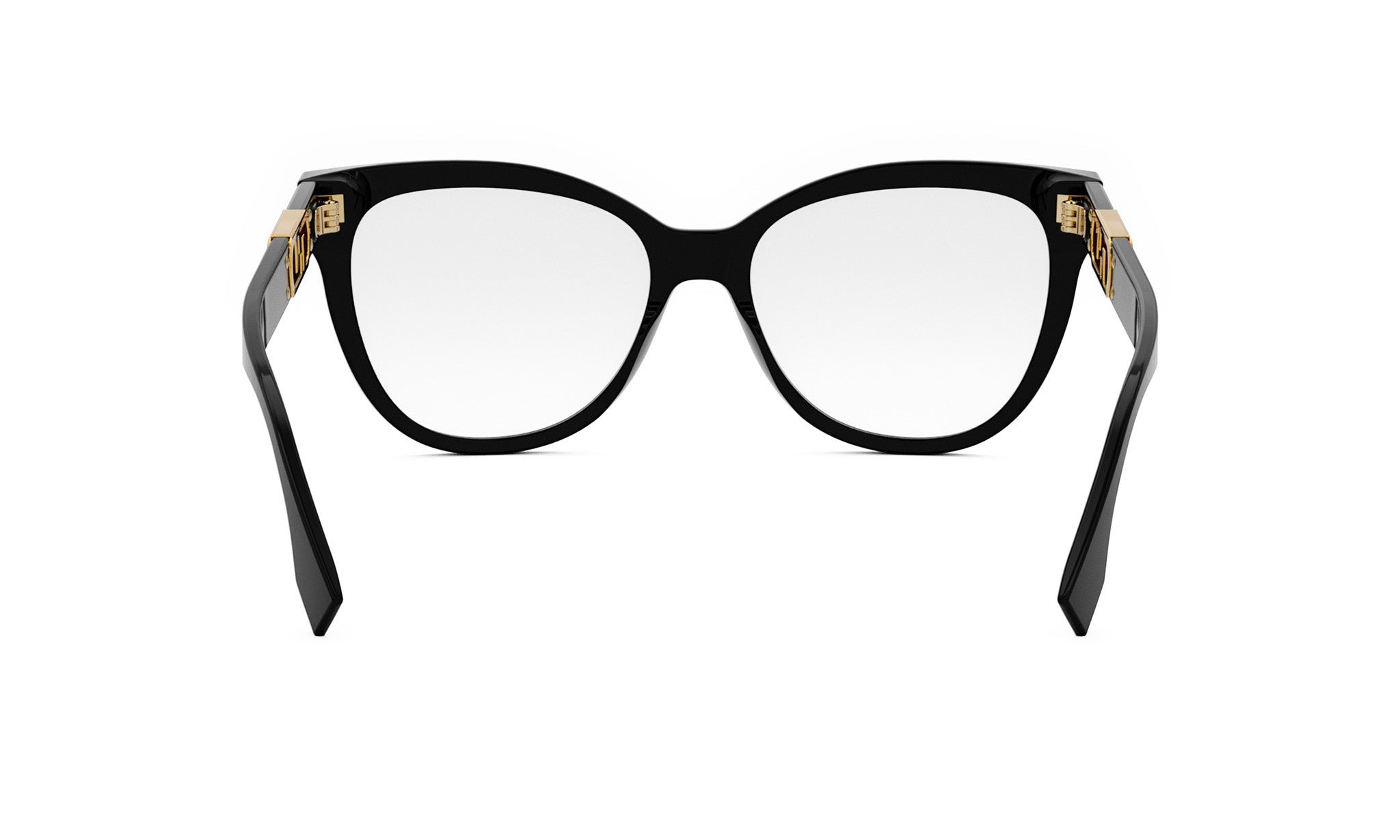A pair of black cat-eye framed glasses with gold accents.