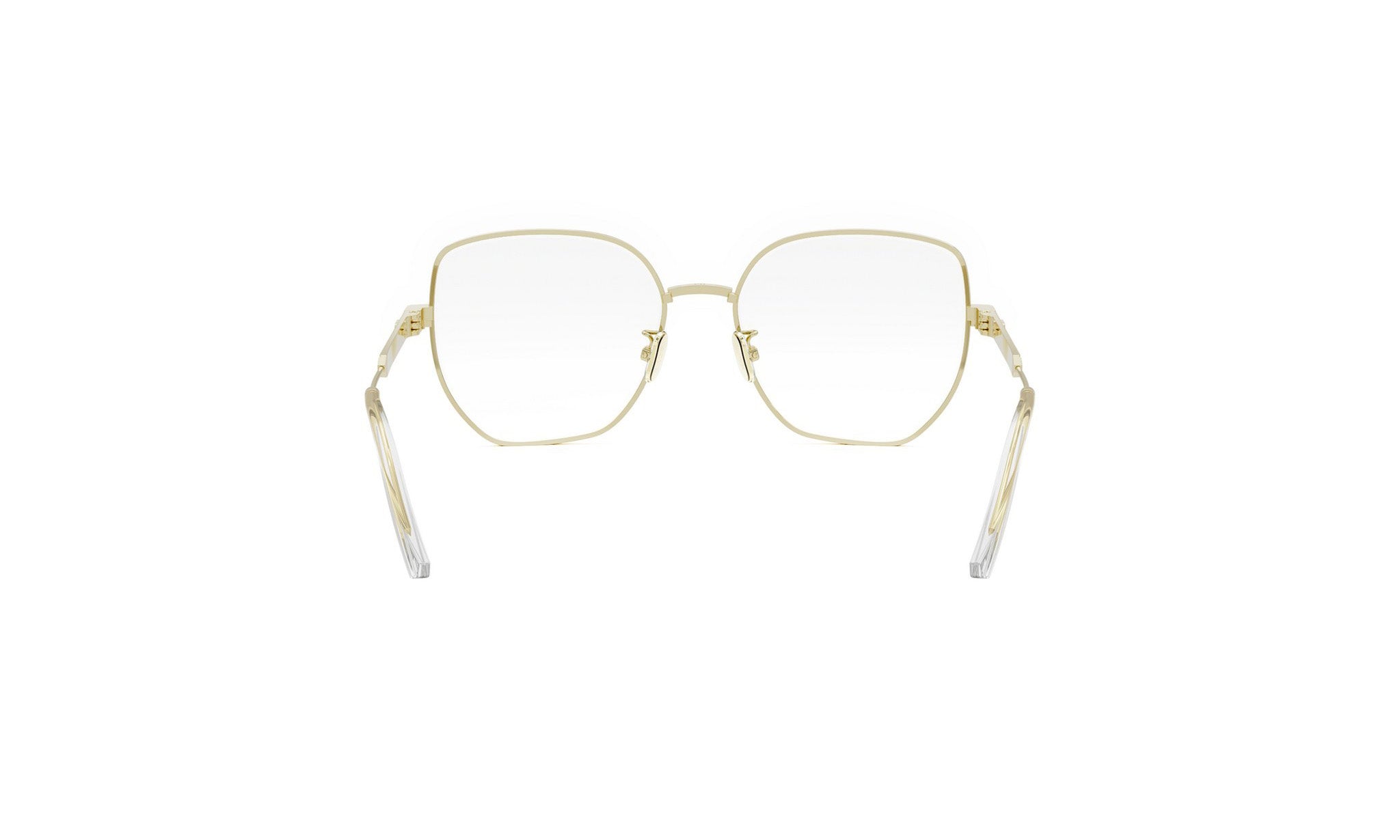 A pair of gold-colored, hexagonal-shaped glasses with clear lenses.