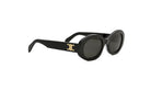 A pair of black sunglasses with a gold C logo on the frame.